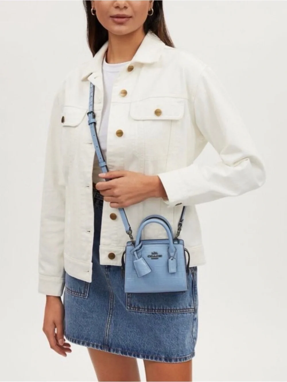 Coach Andrea Mini Carryall Crocodile Embossed Cornflower Blue Crossbody CR209